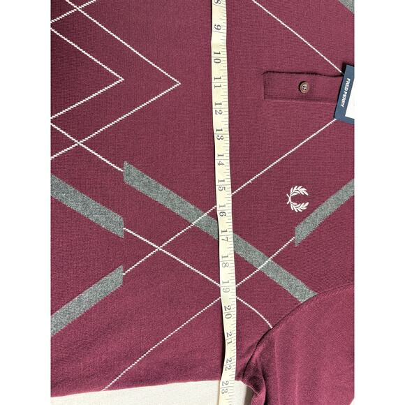 Fred Perry Abstract Argyle Knitted Polo Shirt Men's Size XL Mahogany NWT Cotton - Picture 6 of 7